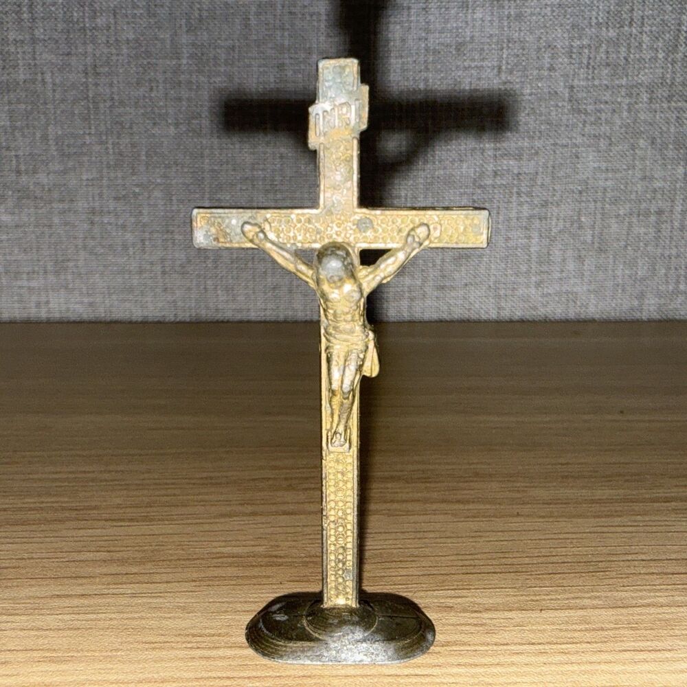 Vintage Metal Standing Crucifix 2.5" Hallmarked Miniature Pocket Altar Cross